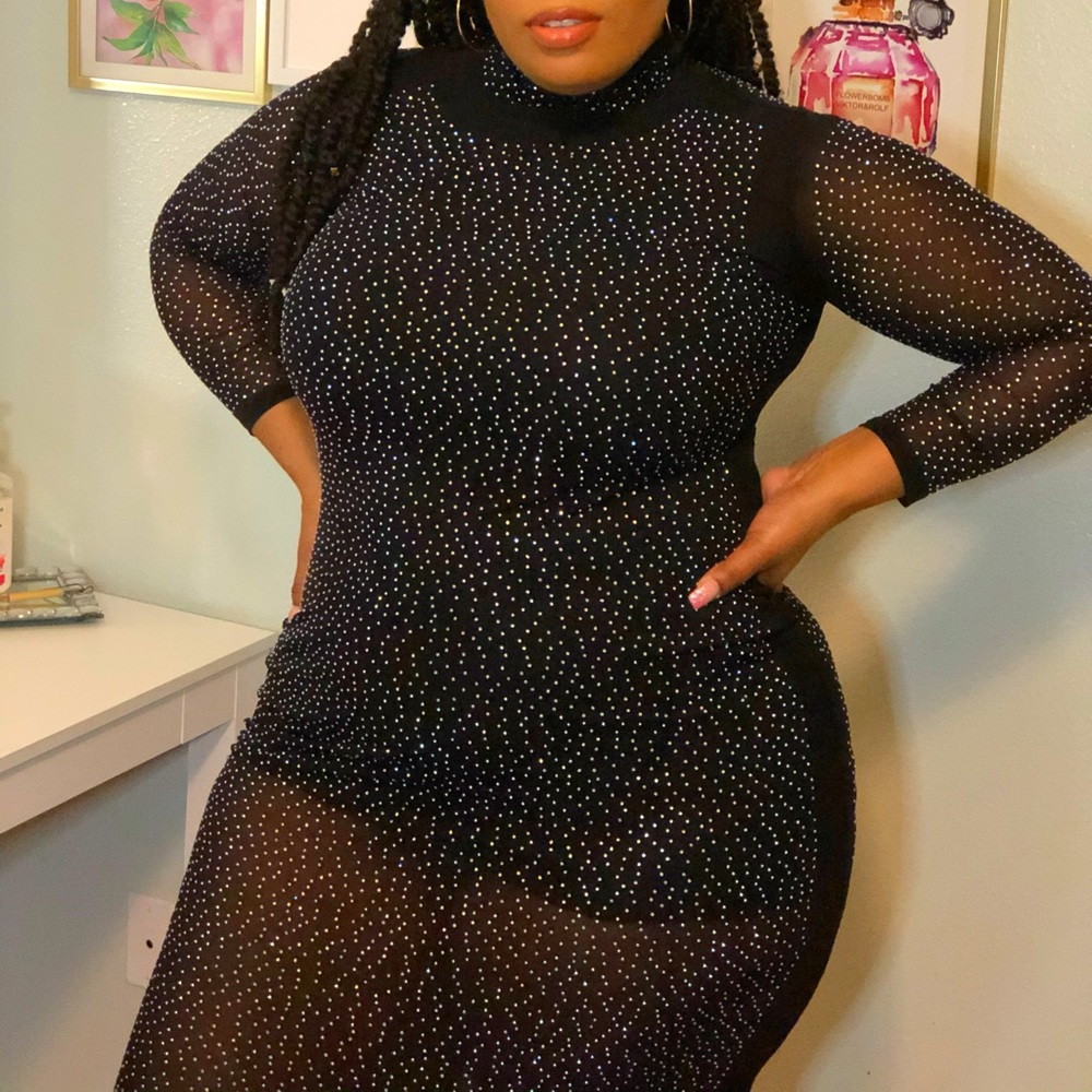Sheer sequin body con dress